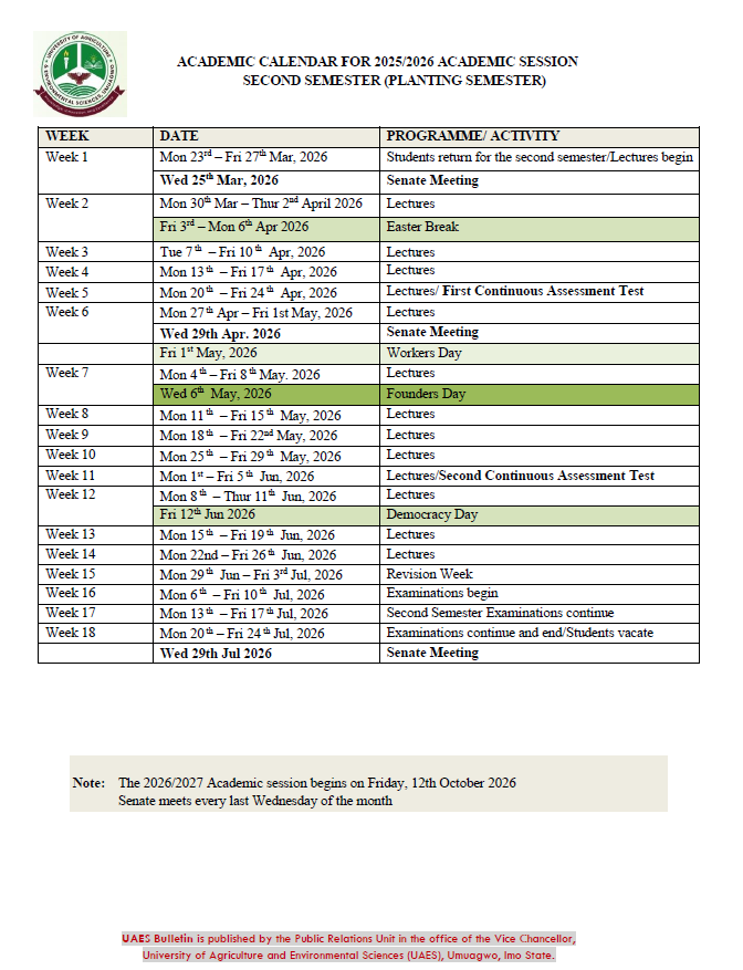 ACADEMIC CALENDAR FOR 2025/2026 ACADEMIC SESSION