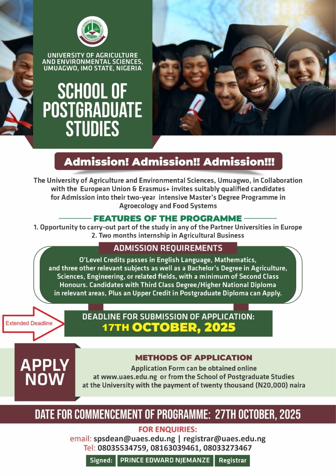 SCHOOL OF POSTGRADUATE STUDIES UAES UMUAGWO, IMO STATE, NIGERIA